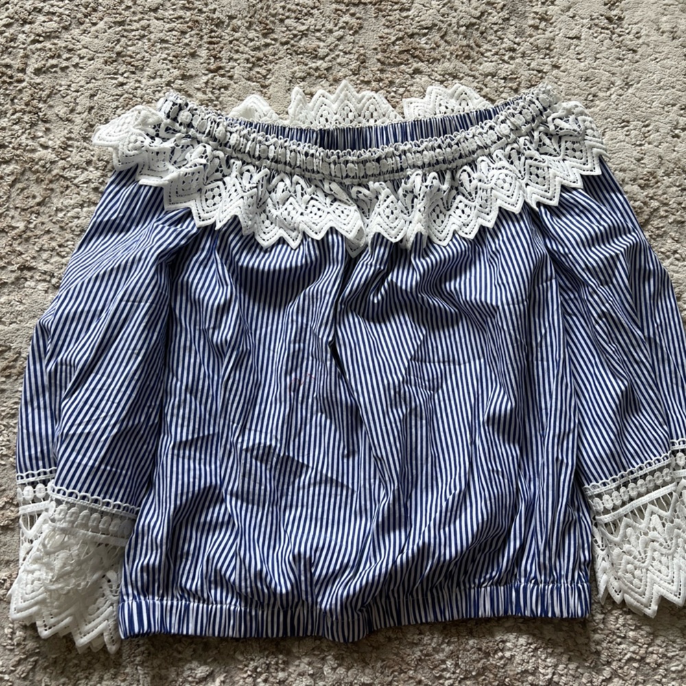 Gracia Blue and White Striped Off-Shoulder Top with Lace Trim large